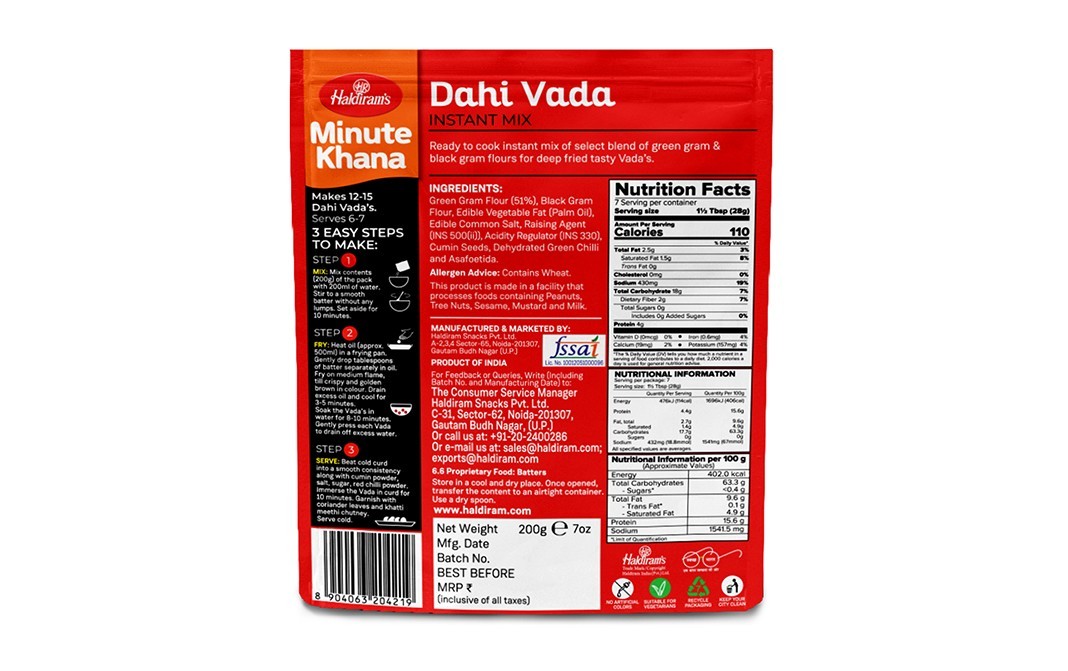 Haldiram's Minute Khana Dahi Vada Instant Mix   Pack  200 grams